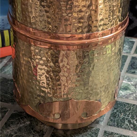 15" Tall Vintage Hammered Heavy Solid Brass & Copper Cylindrical Vase, Hong Kong - Picture 3 of 8